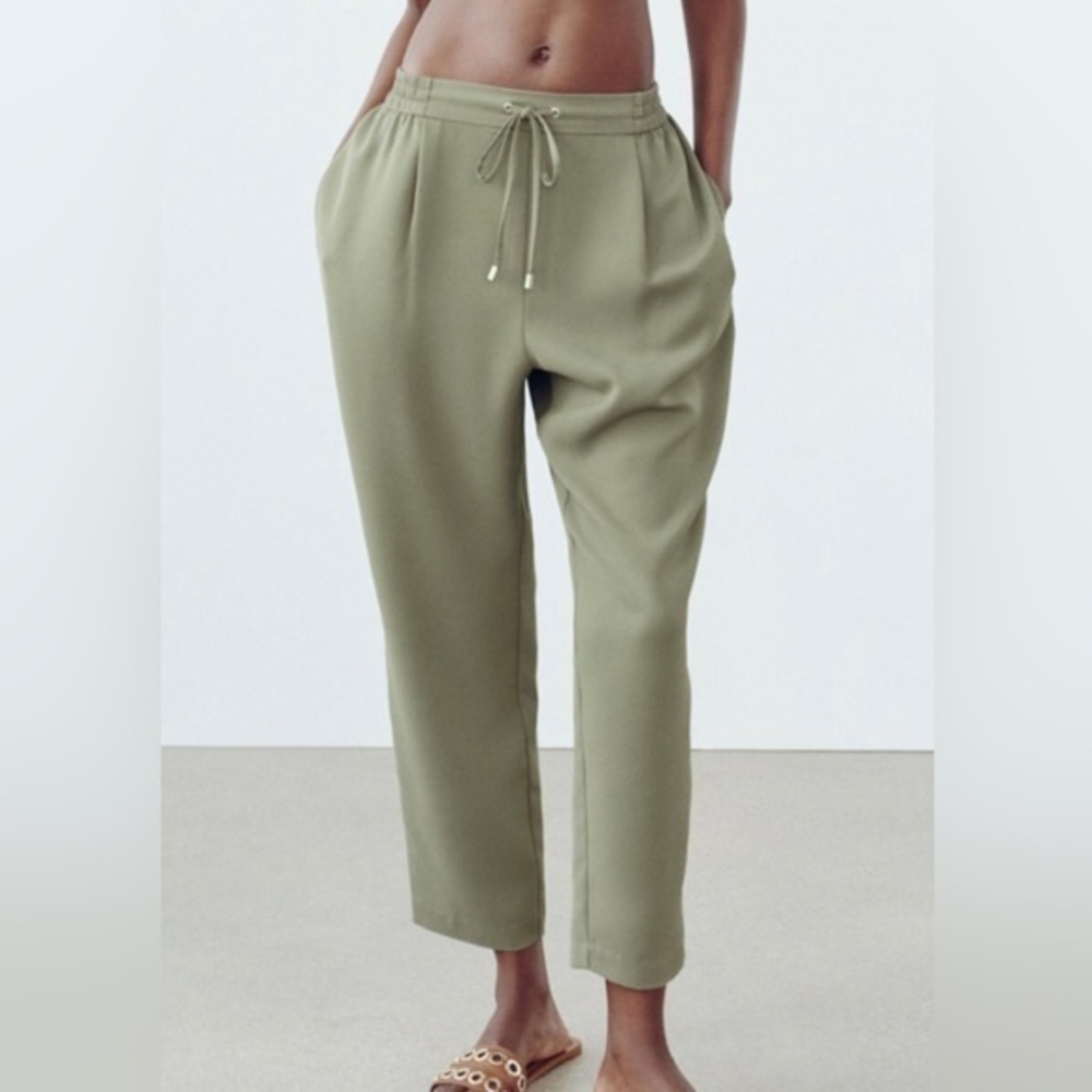 Zara Flowy Ankle Pants HighWaistPleats. Elastic drawstring waistband. size XL